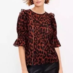 LOFT L Animal Print Ruffle Blouse